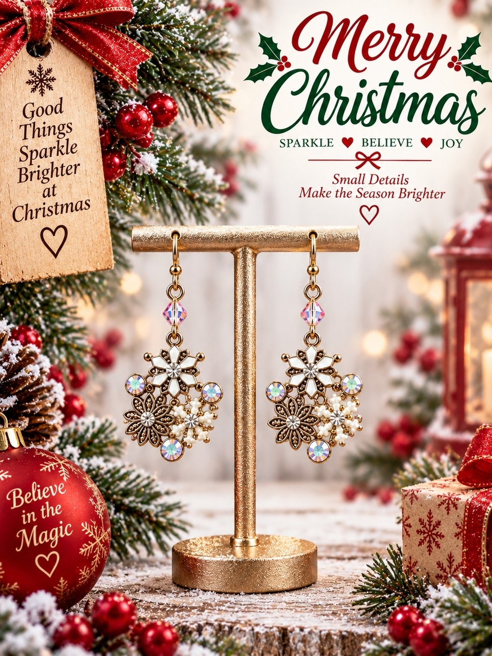 Gold Snowflake Drop Earrings with Iridescent Crystals